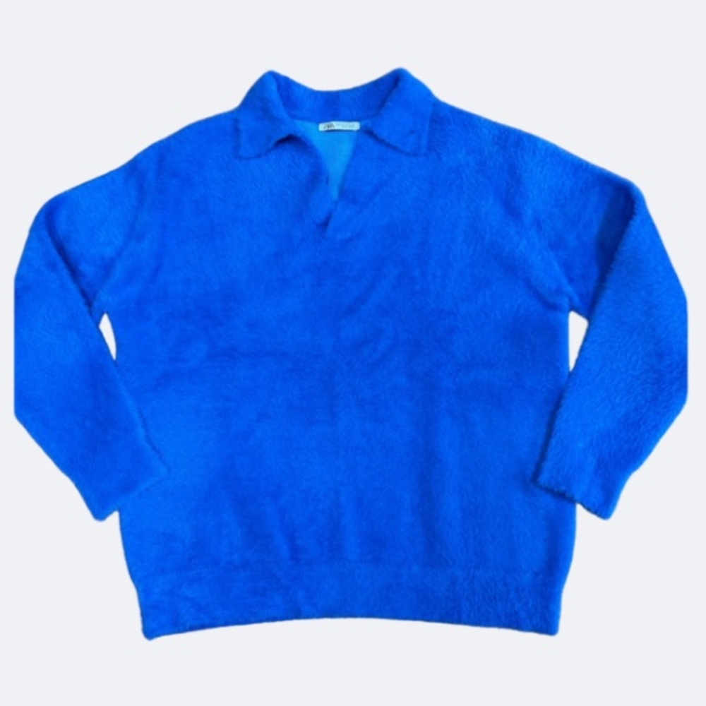 Zara Unisex Polo Fuzzy Royal Blue Sweater Size M